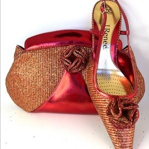 Dressy red color J Renee low heel shoes with bag new in box set for $149!
